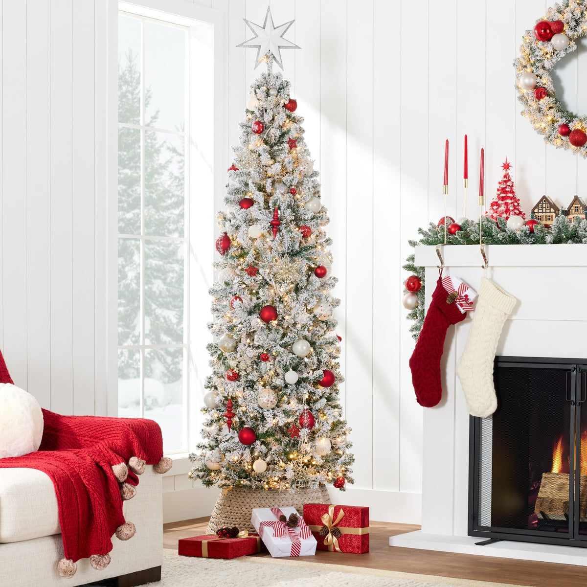 Pre-Lit Snow Flocked Pencil Christmas Tree with Warm String Lights product image