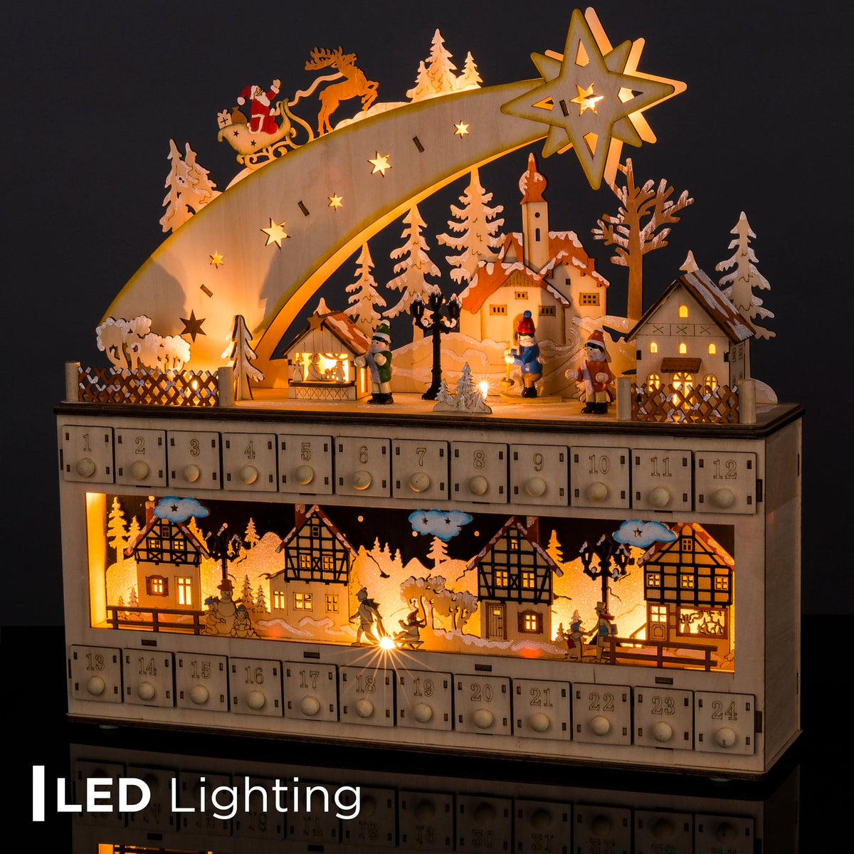 Wooden shooting star Christmas advent calendar with warm LED light hanging on a festive wall display