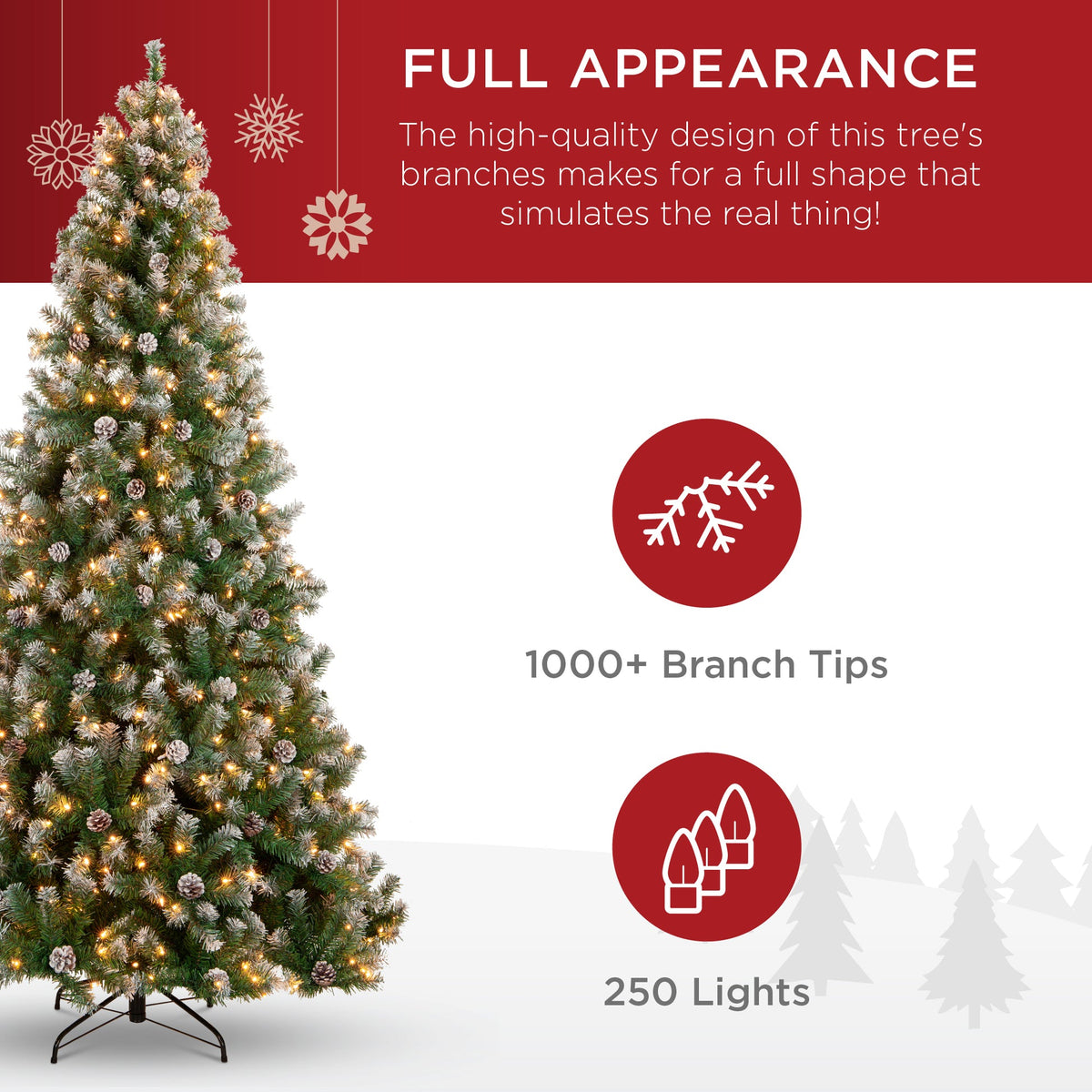 Pre-Lit Flocked Christmas Tree with Pine Cones and String Lights product image showing its overall design and key.