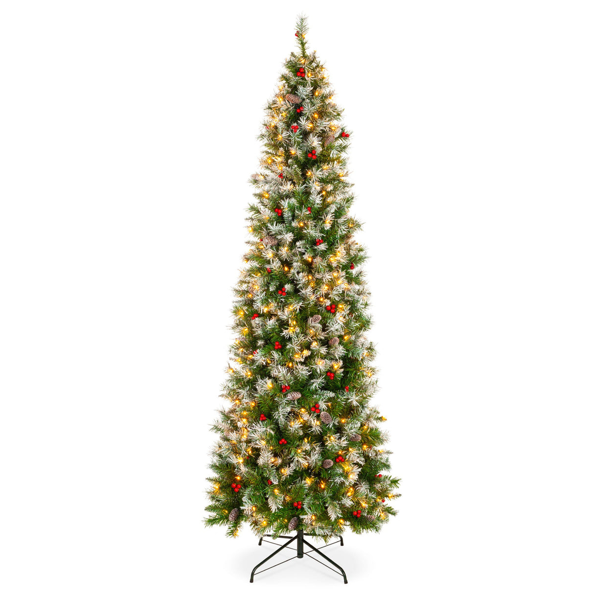 Pre Lit Flocked Spruce Pencil Christmas Tree with Pine Cones & Berries