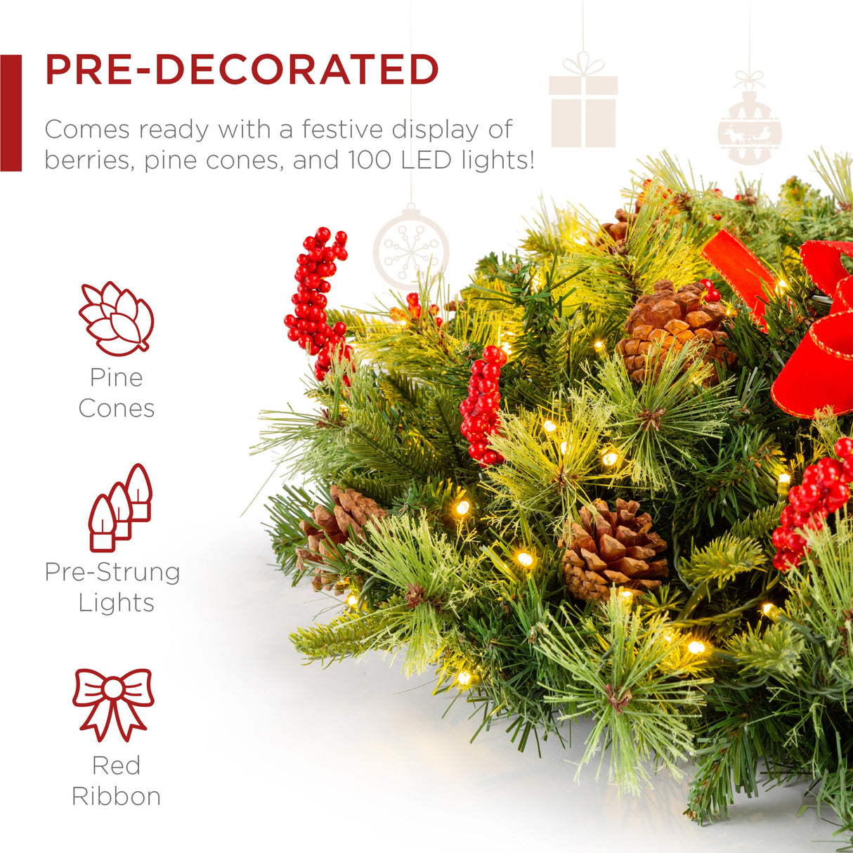 Pre-Lit Battery Powered Christmas Wreath with Lights, Ribbon & Pinecones