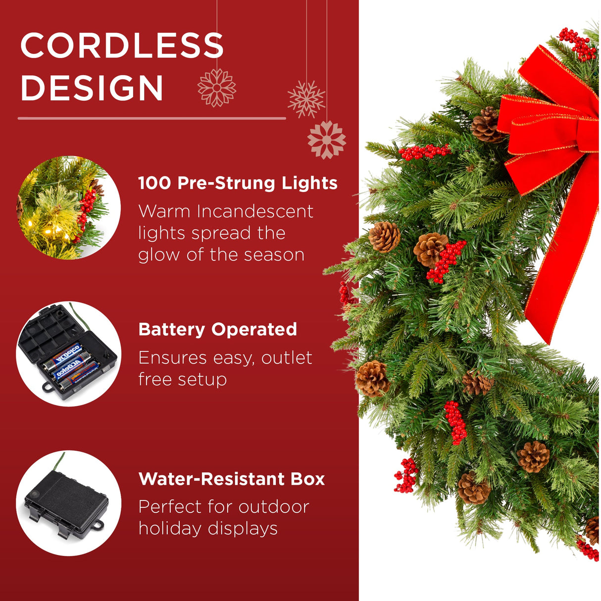 Pre-Lit Battery Powered Christmas Wreath with Lights, Ribbon & Pinecones