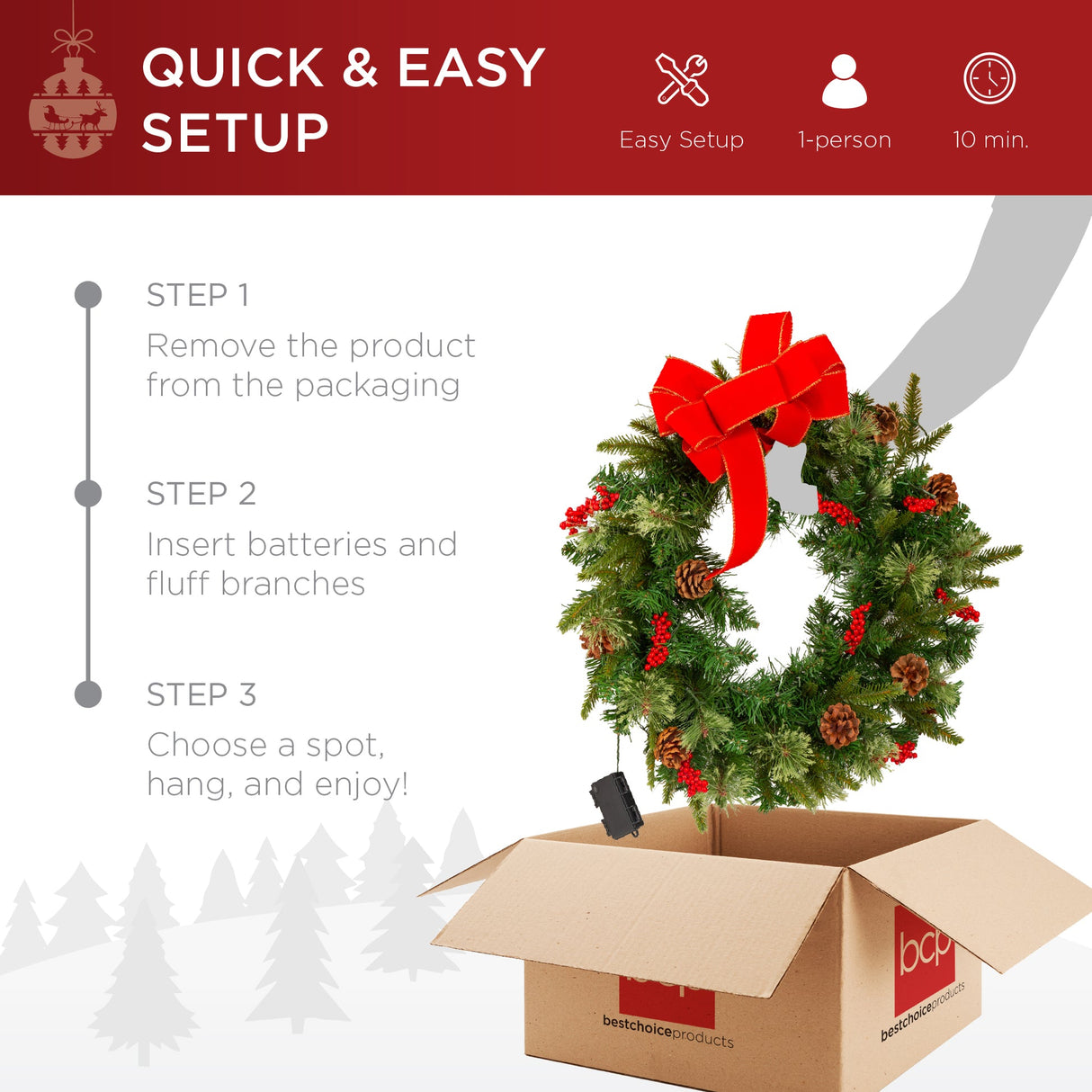 Pre-Lit Battery Powered Christmas Wreath with Lights, Ribbon & Pinecones
