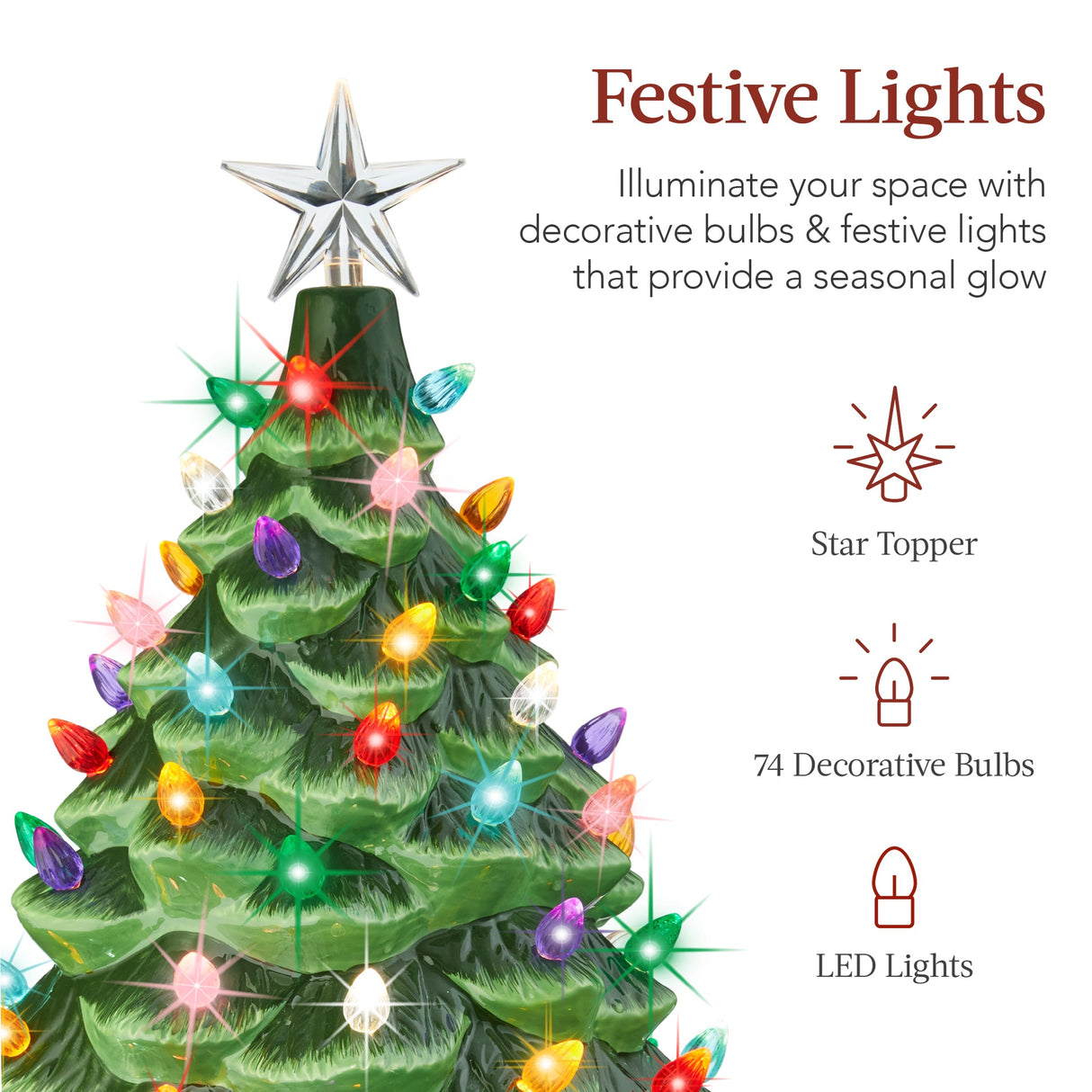 XL Pre-Lit Ceramic Christmas Tree with LED Light & Timer 24-Inch Long