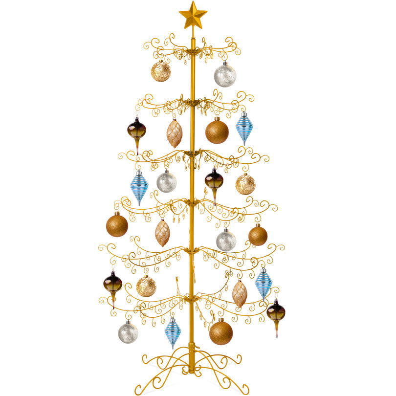 RADYAN wrought iron tiered folding stand displaying hanging Christmas ornaments on a decorated tree