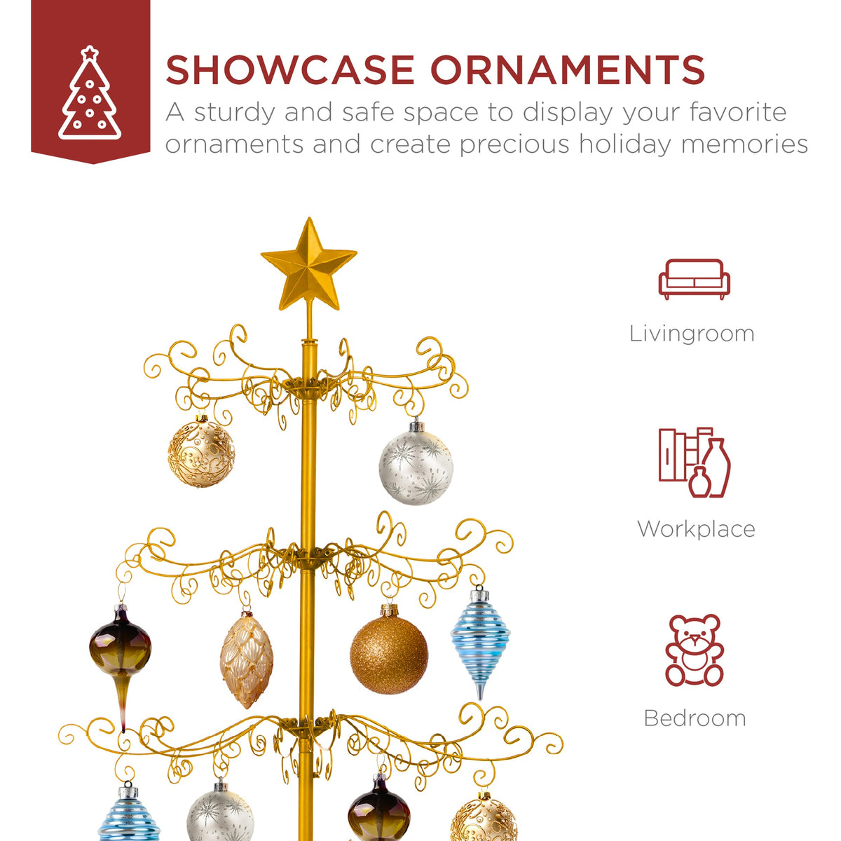RADYAN wrought iron tiered folding stand displaying hanging Christmas ornaments on a decorated tree