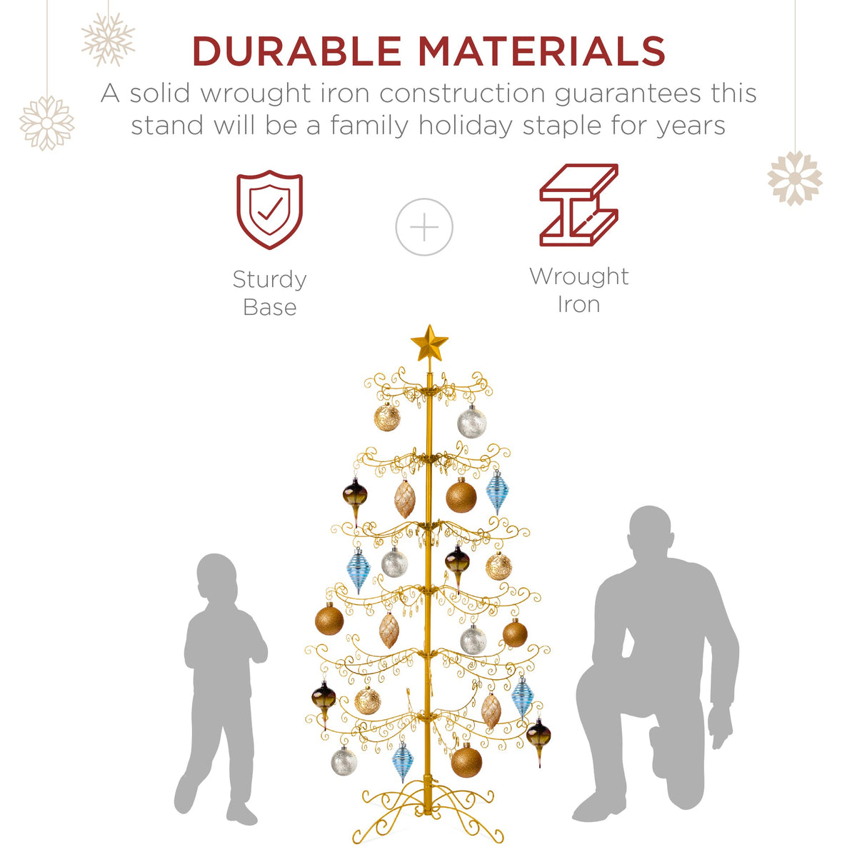 RADYAN wrought iron tiered folding stand displaying hanging Christmas ornaments on a decorated tree