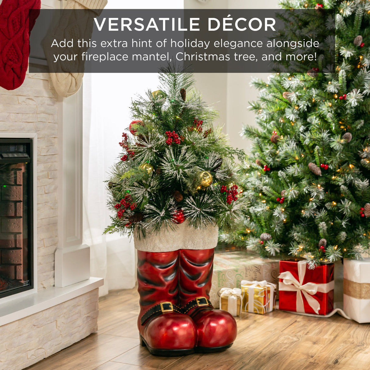 40in Santa Boots Christmas Decoration with Pre-Decorated Greenery & Lights