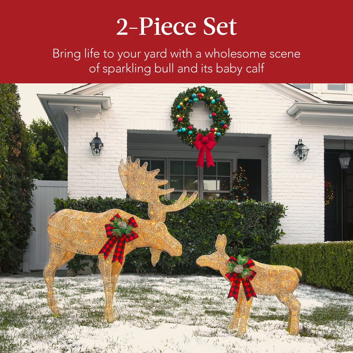 Pre-Lit Outdoor Christmas Wreath, LED Metal Holiday Decor w/ Bow - 48in