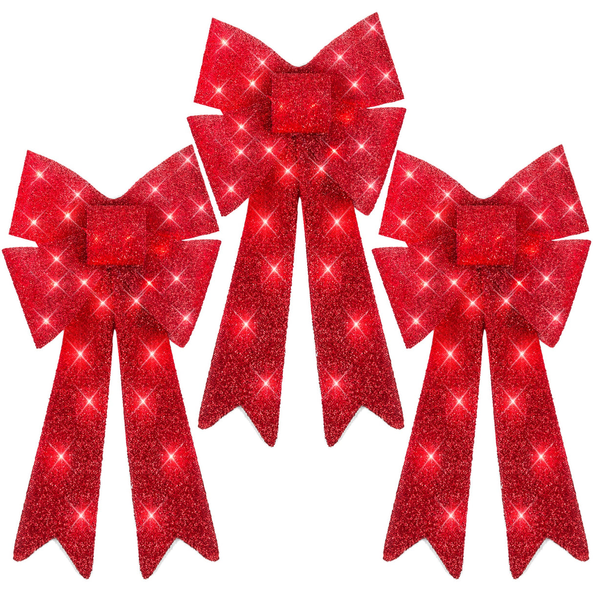 Set of 3 Pre-Lit Christmas Bow Decorations with LED Lights & 8 Lighting Modes