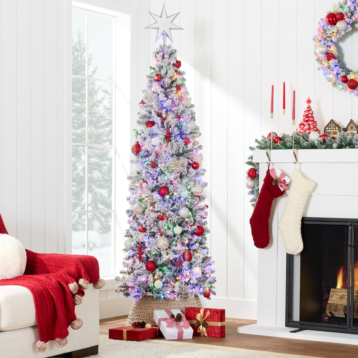 Pre Lit Snow Flocked Pencil Christmas Tree with Multicolor LED Lights