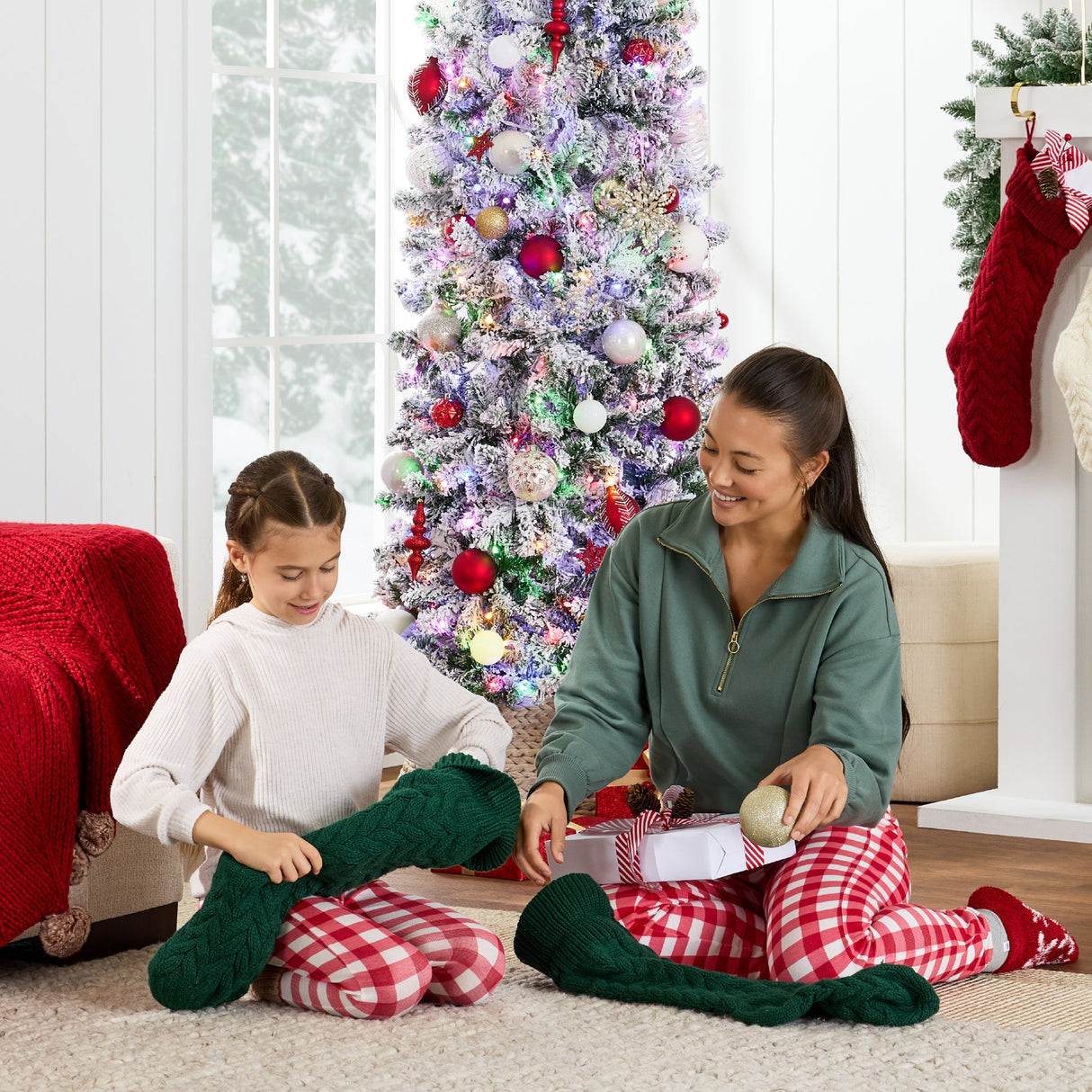 Pre Lit Snow Flocked Pencil Christmas Tree with Multicolor LED Lights