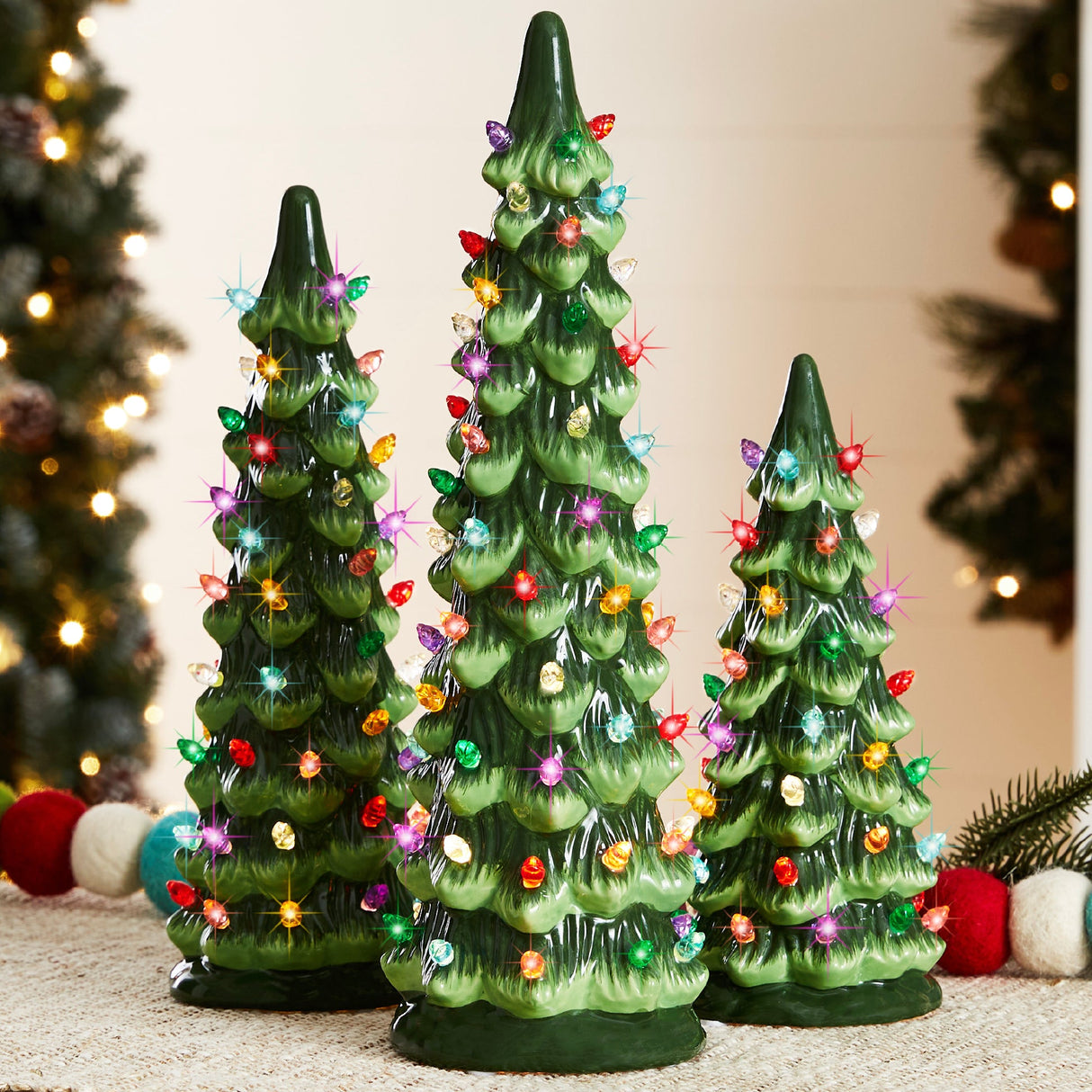Set of 3 Pre-Lit Ceramic Christmas Trees with LED Lights