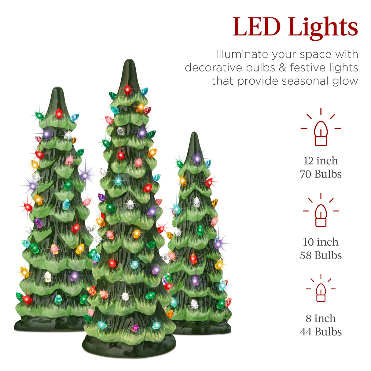 Decorative Set of 3 Ceramic Tabletop Christmas Trees with LED Lights