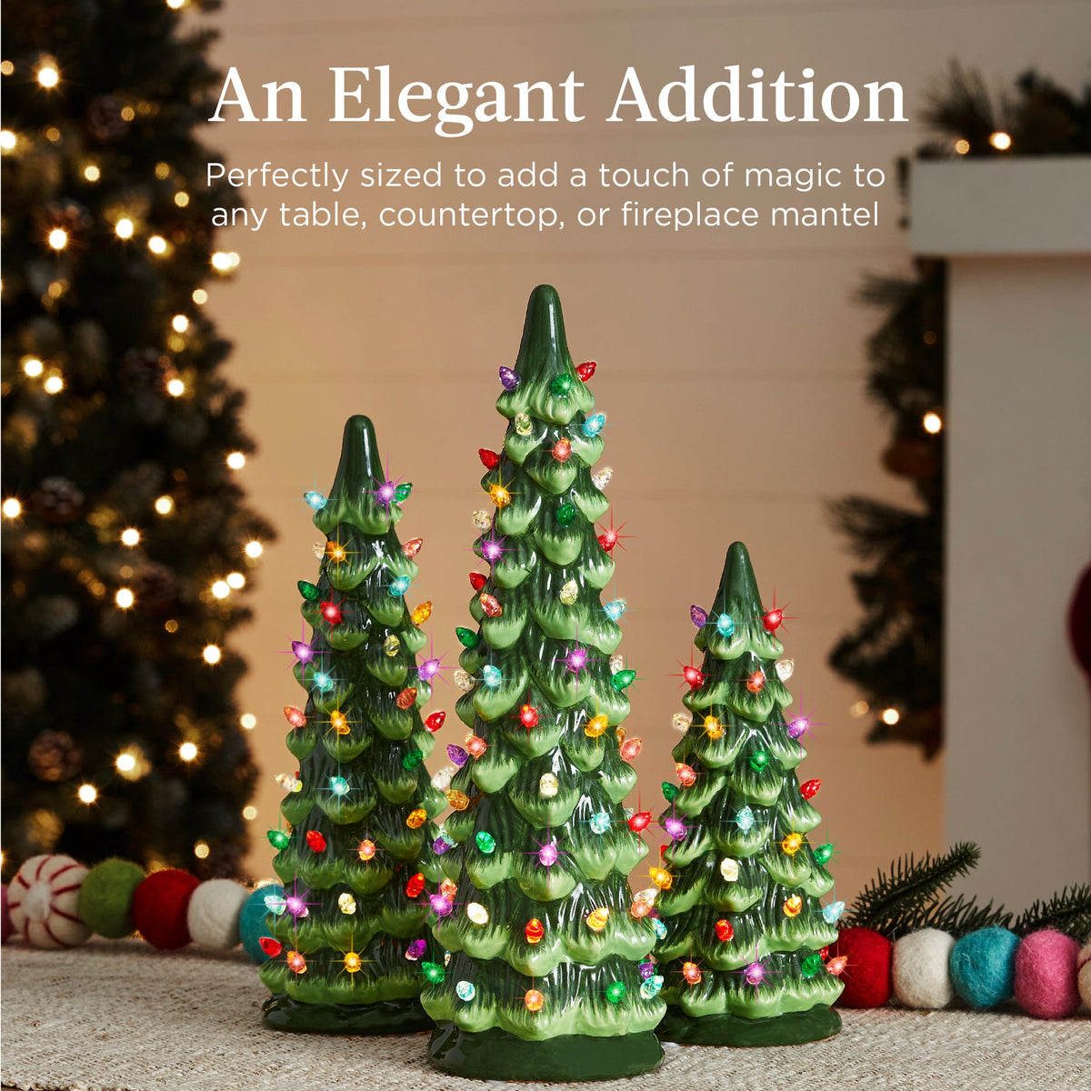 Set of 3 Pre-Lit Ceramic Tabletop Christmas Trees with Lights product image showing its overall design and key features.