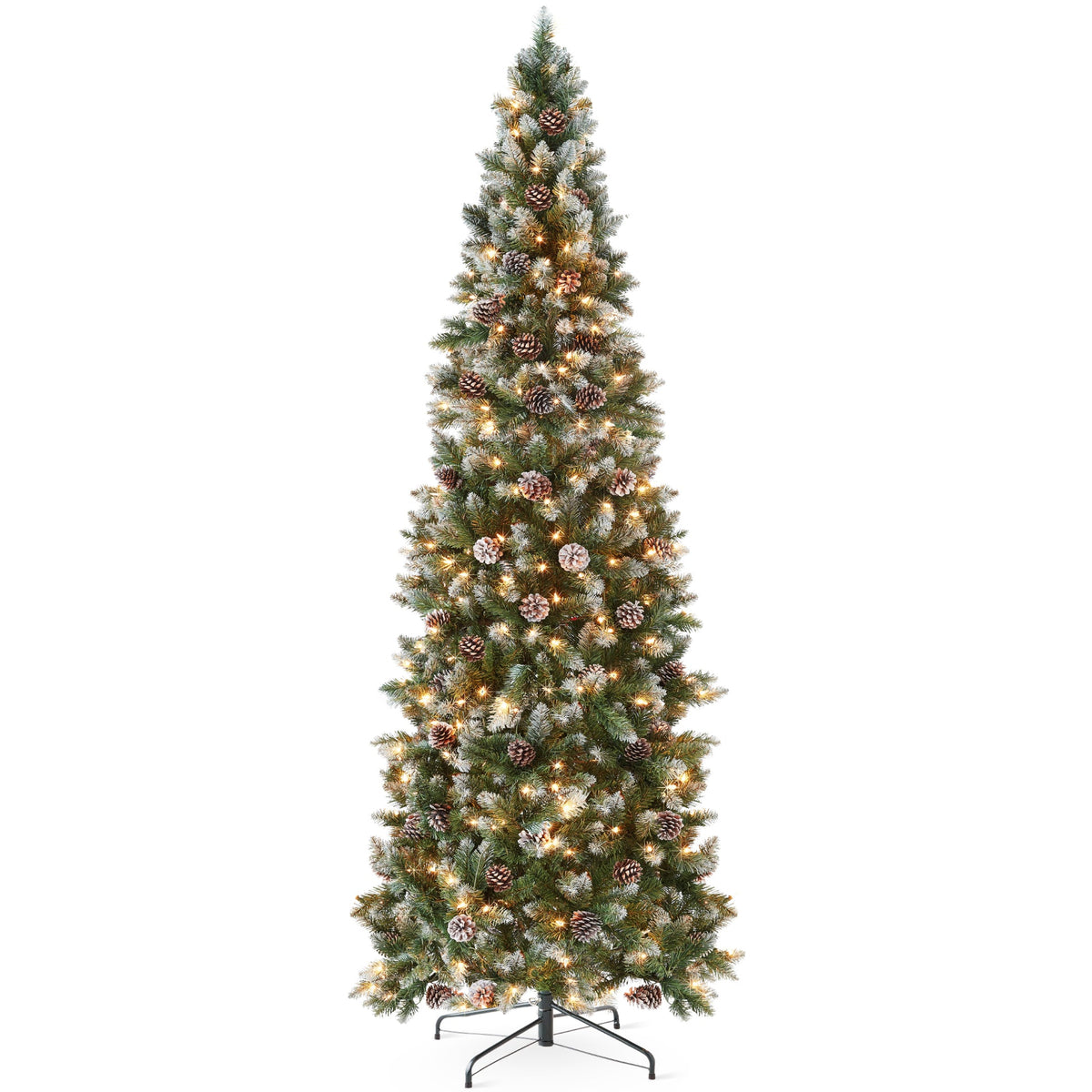 Pre-Lit Partially Flocked Pencil Christmas Tree with Pine Cones product image showing its overall design and key.