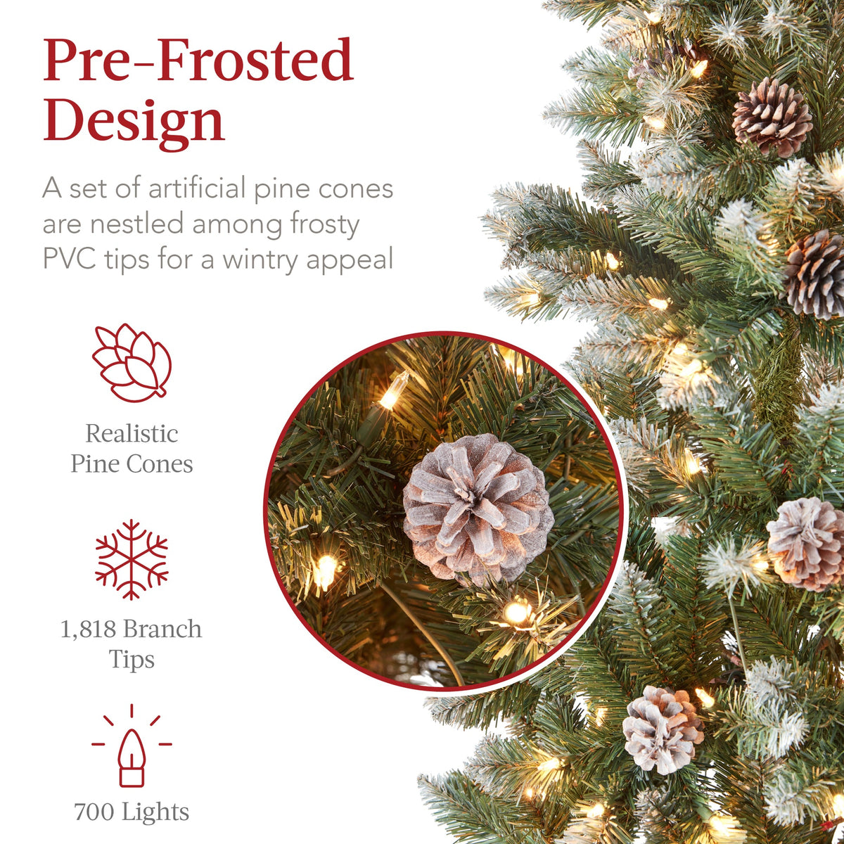 Pre-Lit Partially Flocked Pencil Christmas Tree with Pine Cones product image showing its overall design and key.