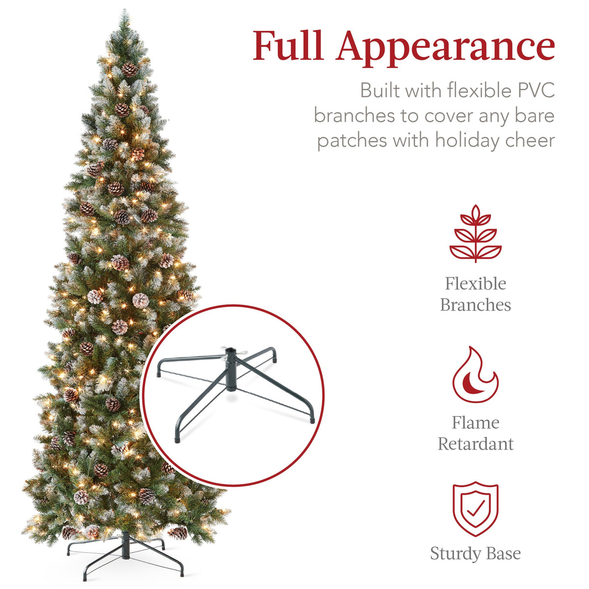 Pre-Lit Partially Flocked Pencil Christmas Tree with Pine Cones product image showing its overall design and key.