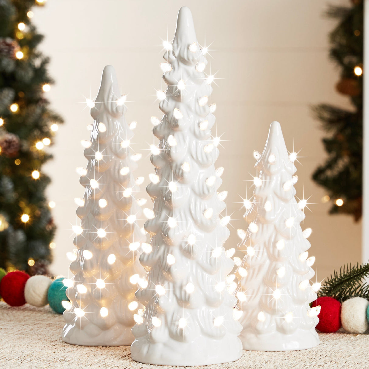 Set of 3 Pre-Lit Ceramic Christmas Trees with LED Lights