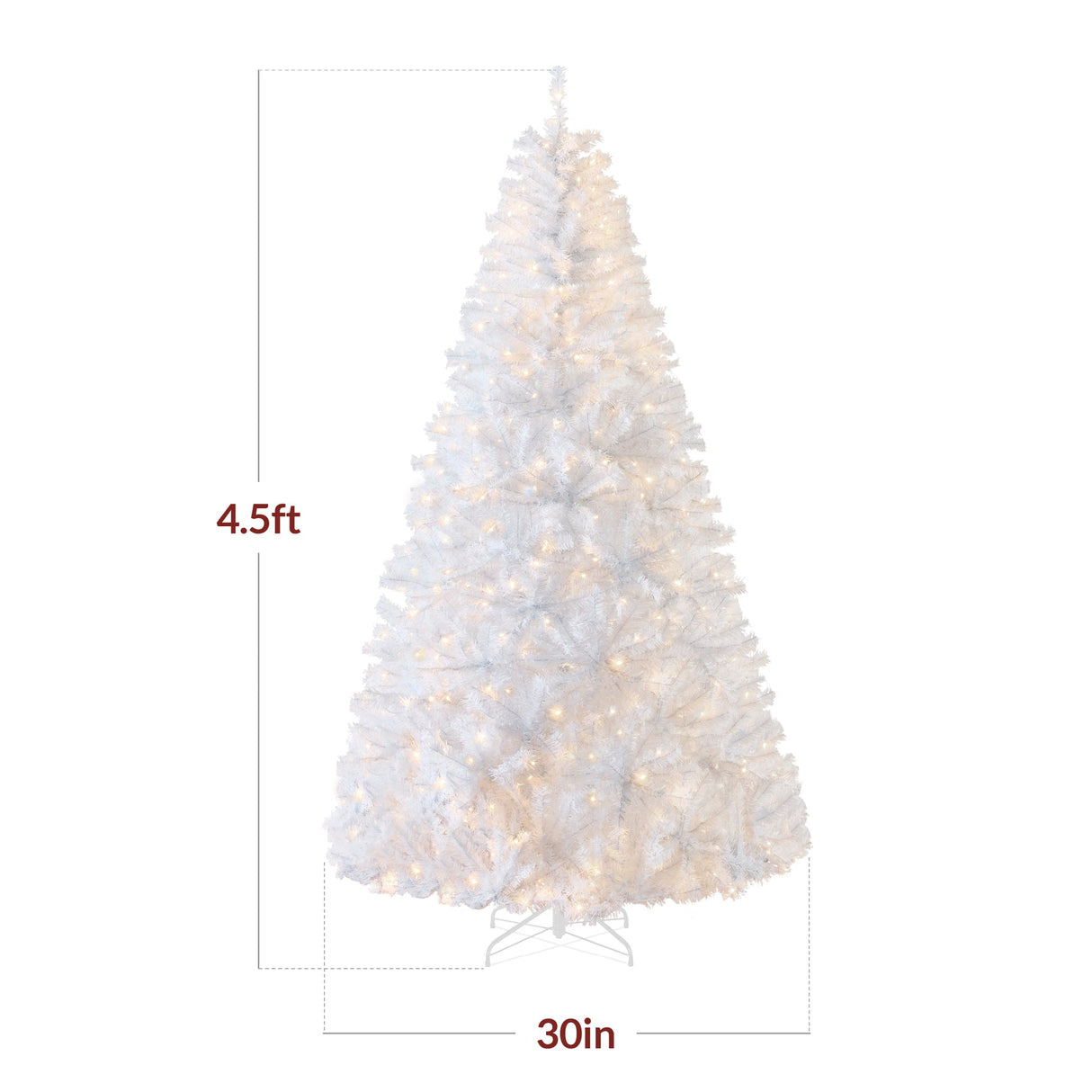 Pre Lit Hinged Artificial White Pine Christmas Tree with Lights & Metal Stand