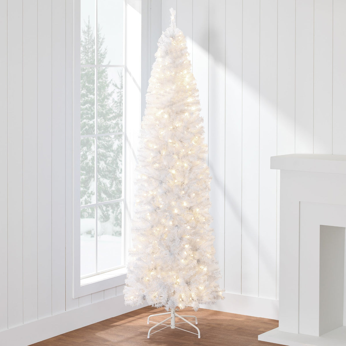Pre-Lit Pencil Christmas Tree with Sturdy Metal Base and Stand product image showing its overall design and key.