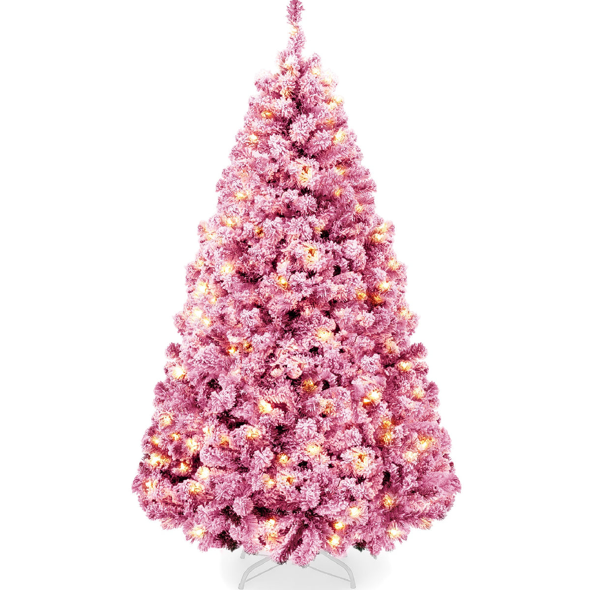 Pre-Lit Snow Flocked Christmas Tree with Sturdy Metal Base Stand product image showing its overall design and key.