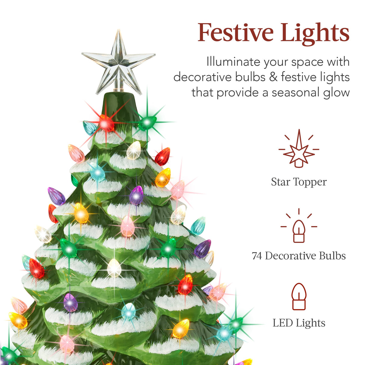 24-Inch XL Pre-Lit Ceramic Christmas Tree with LED Lights & Star Topper