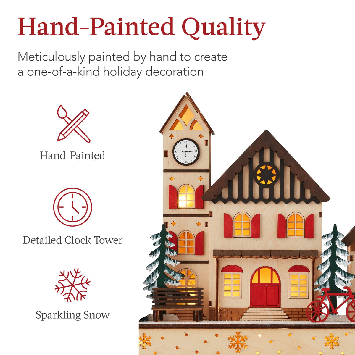 Pre-lit wooden Christmas village with warm LED lights arranged as festive mantel decor