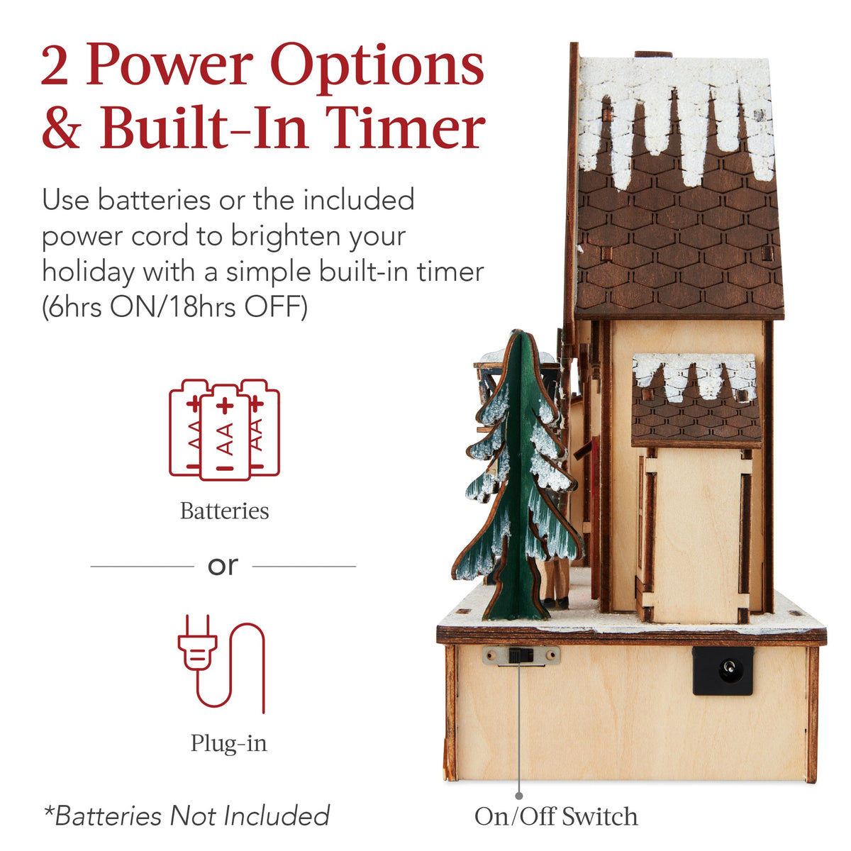 Pre-lit wooden Christmas village with warm LED lights arranged as festive mantel decor