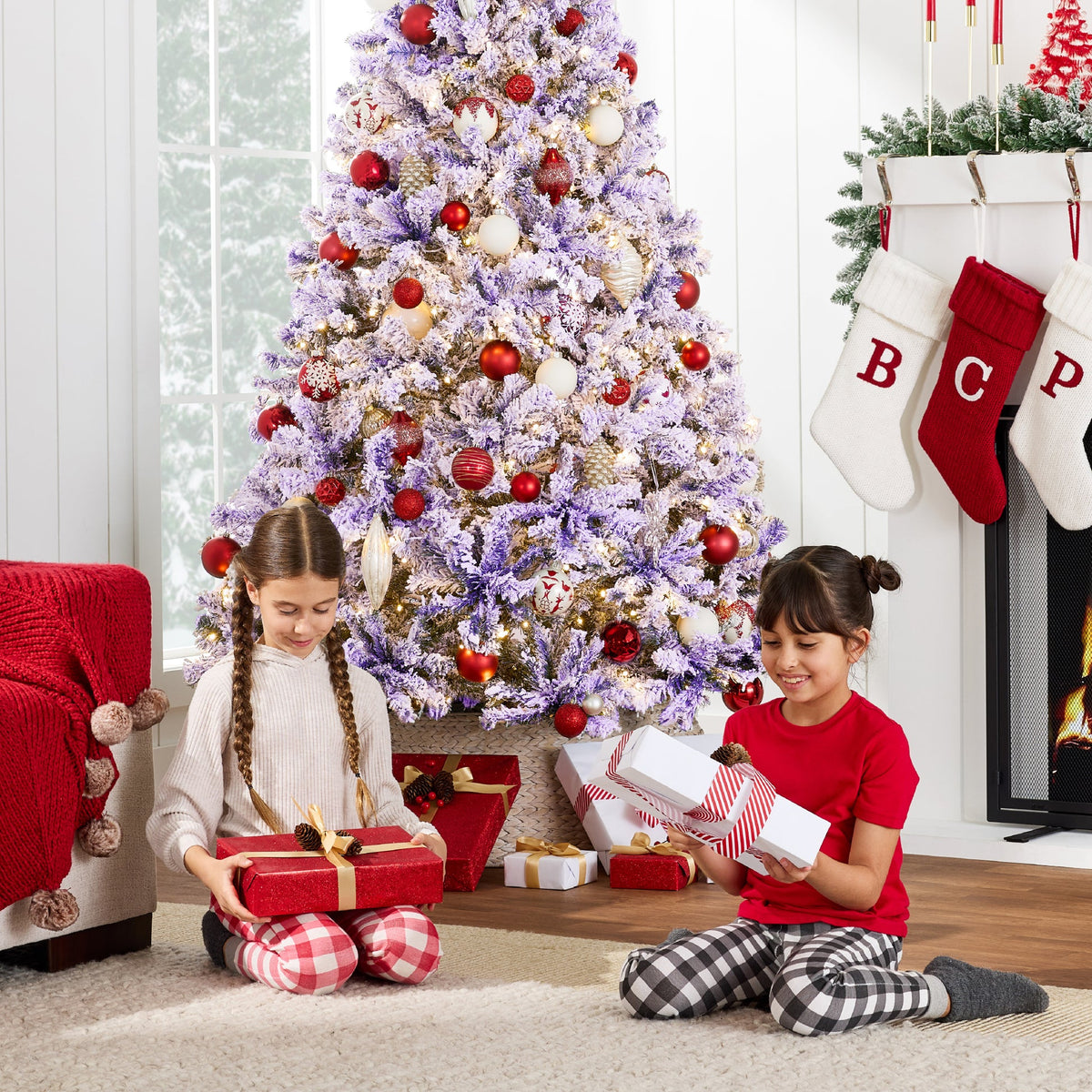 Pre-Lit Flocked Pine Christmas Tree with Warm White Lights and Easy Setup product image