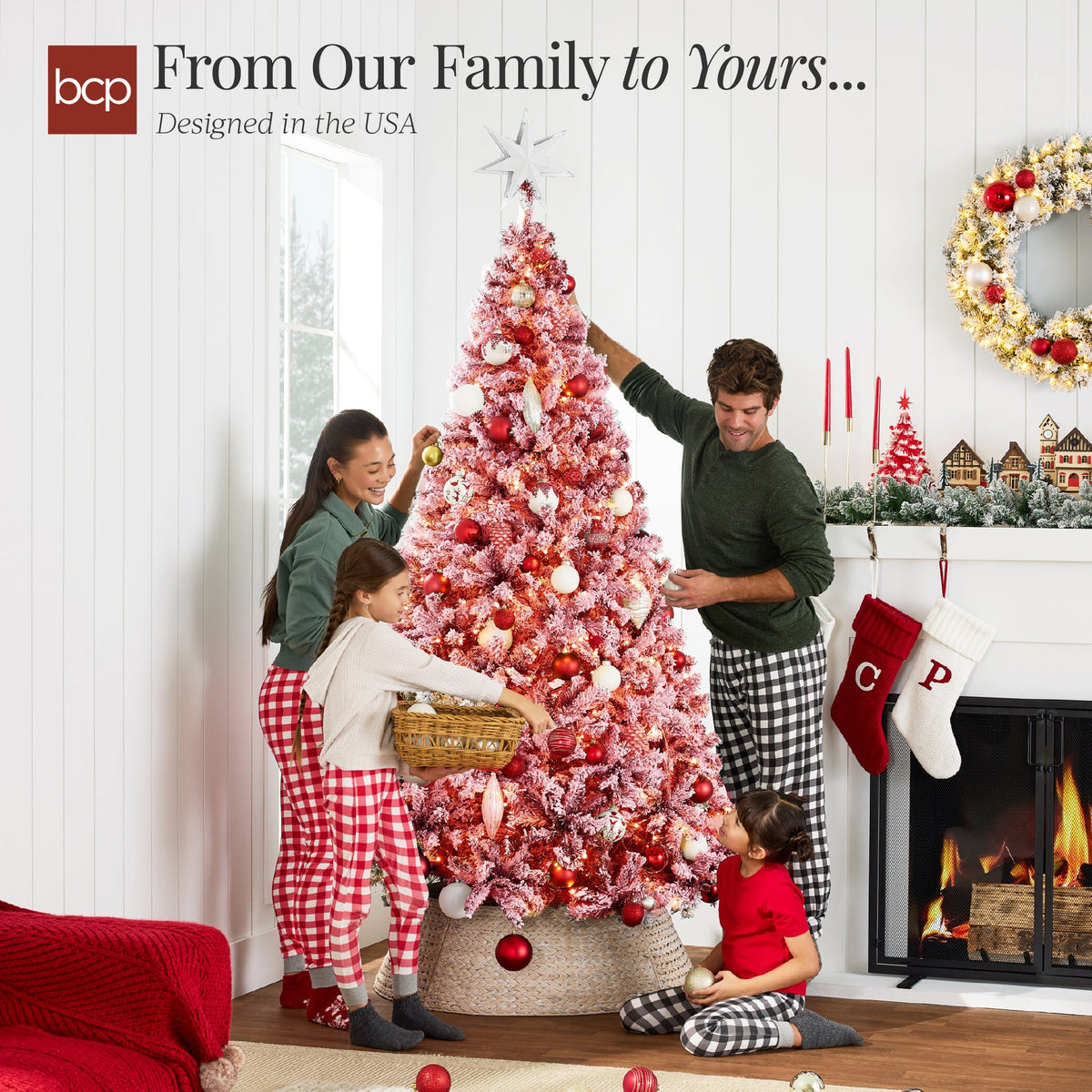 Pre-Lit Flocked Pine Christmas Tree with Warm White String Lights product image showing its overall design and key.