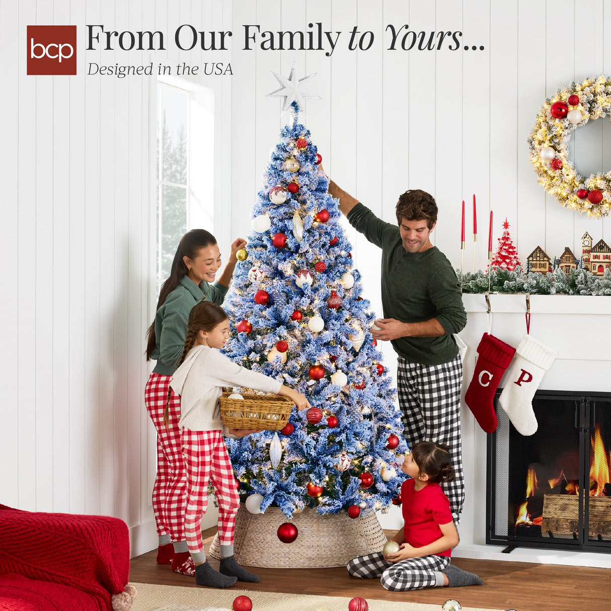Pre Lit Blue Flocked Pine Christmas Tree with White Lights