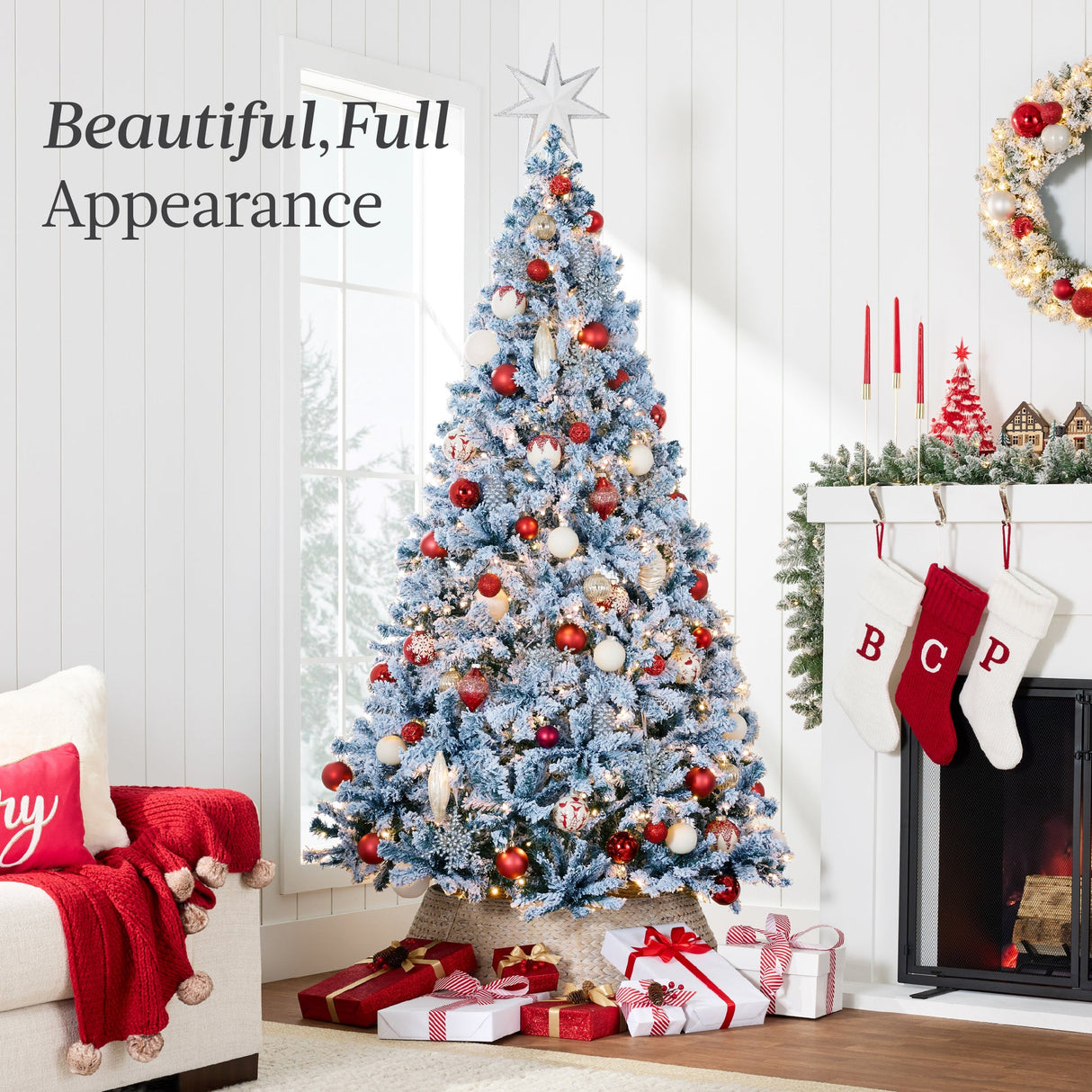 Pre Lit Ice Blue Flocked Pine Christmas Tree with Lights