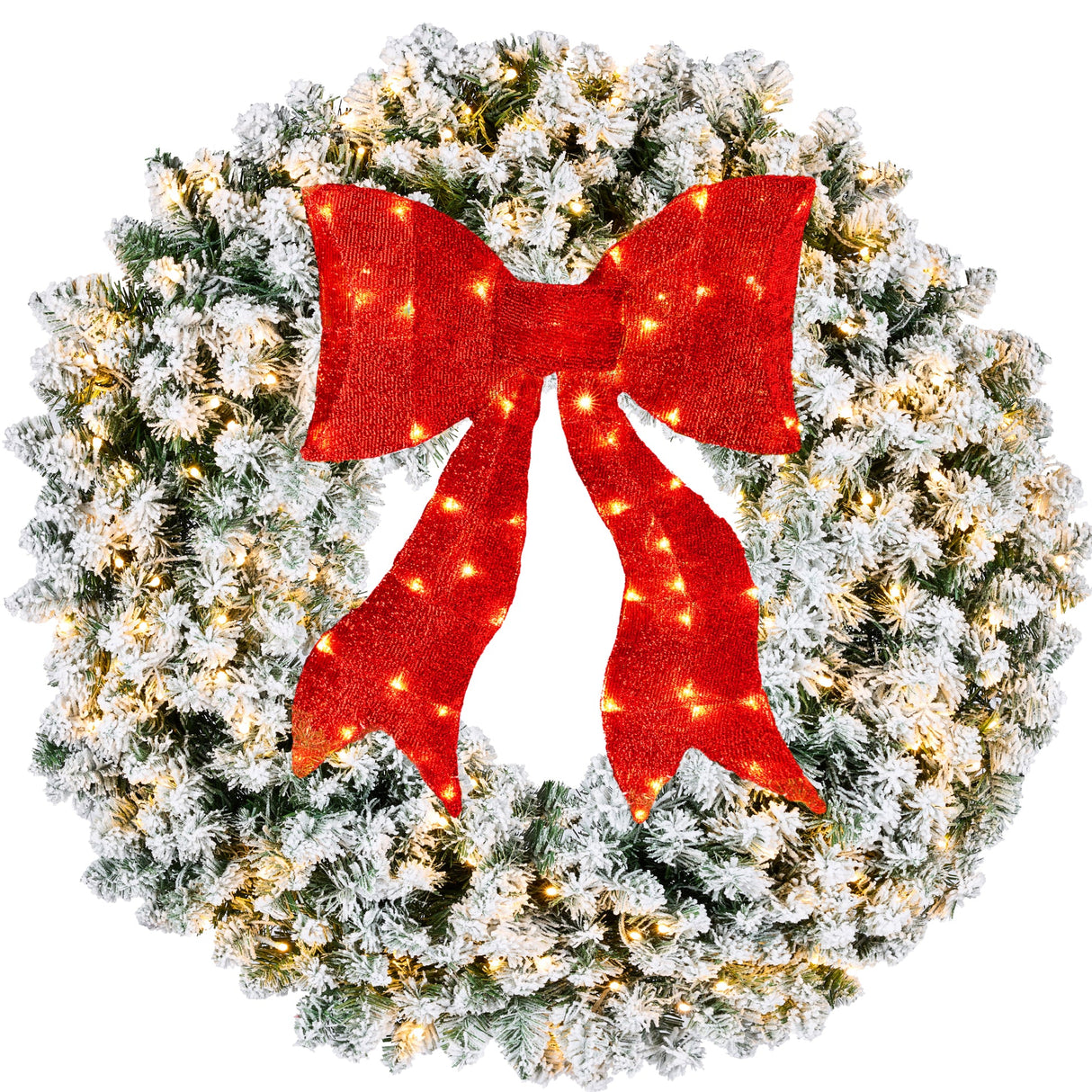 Pre-Lit Flocked Artificial Fir Christmas Wreath with Red Bow & LED Lights