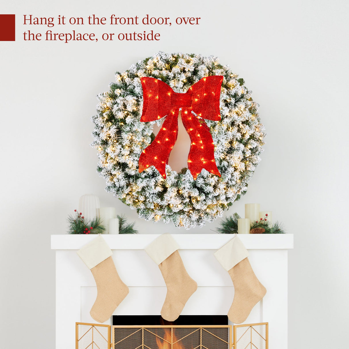 Pre-Lit Flocked Artificial Fir Christmas Wreath with Red Bow & LED Lights