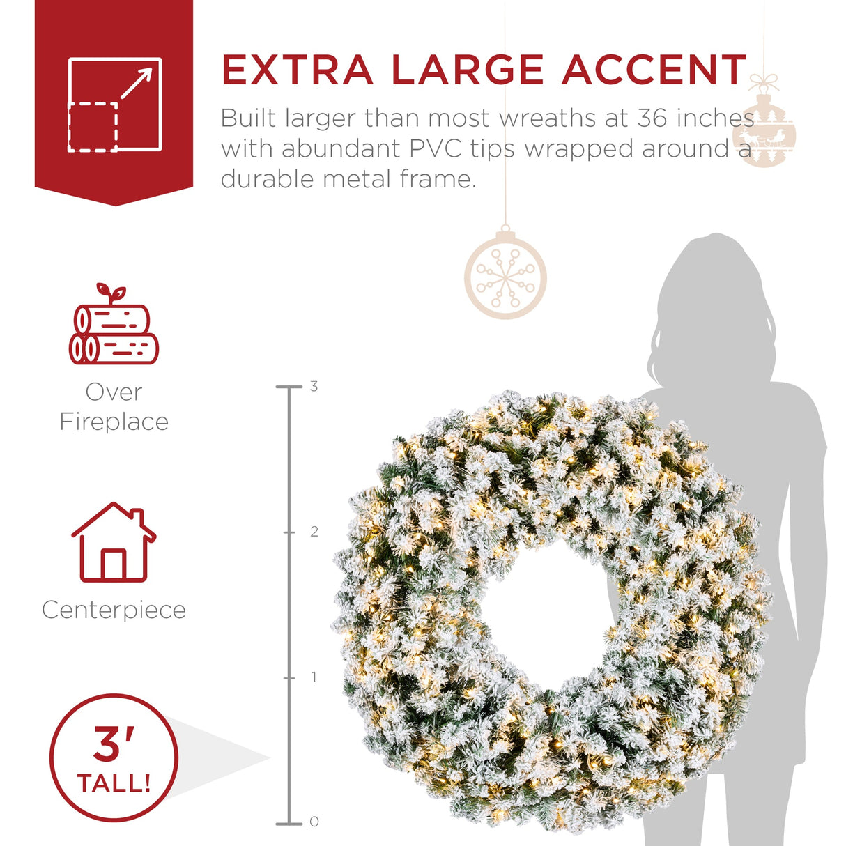 Pre-Lit Flocked Artificial Fir Christmas Wreath with 2-in-1 LED Lights