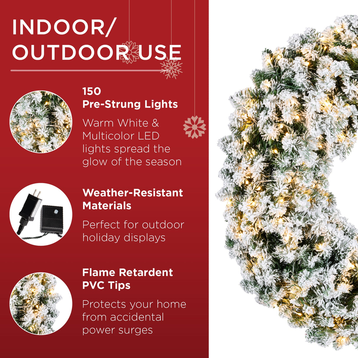 Pre-Lit Flocked Artificial Fir Christmas Wreath with 2-in-1 LED Lights