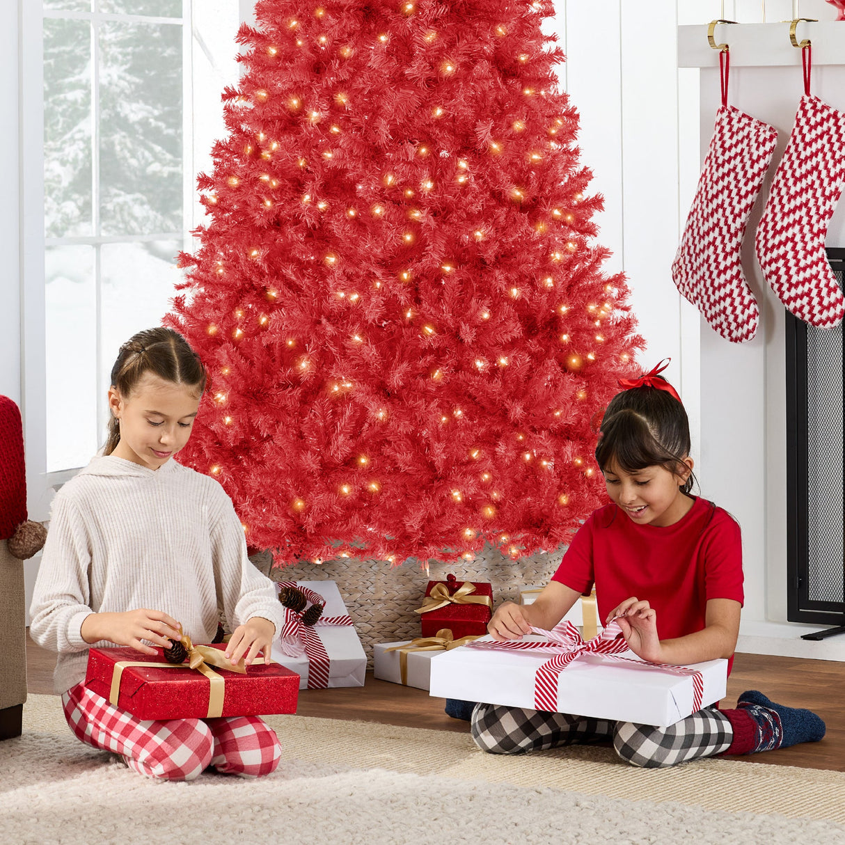 Pre Lit Red Artificial Christmas Tree with Incandescent Lights