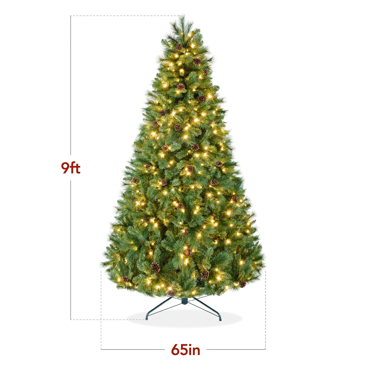 Pre-Lit Scotch Pine Christmas Tree with Pinecones and Metal Stand product image showing its overall design and key.