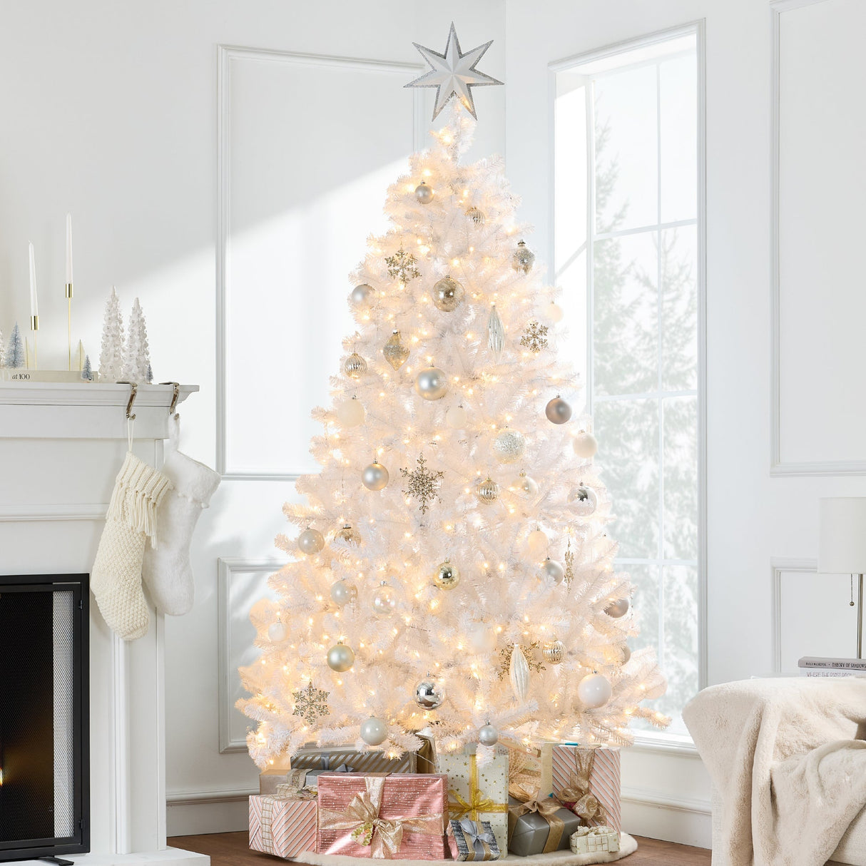 Pre Lit White Tinsel Artificial Christmas Tree with Foldable Stand