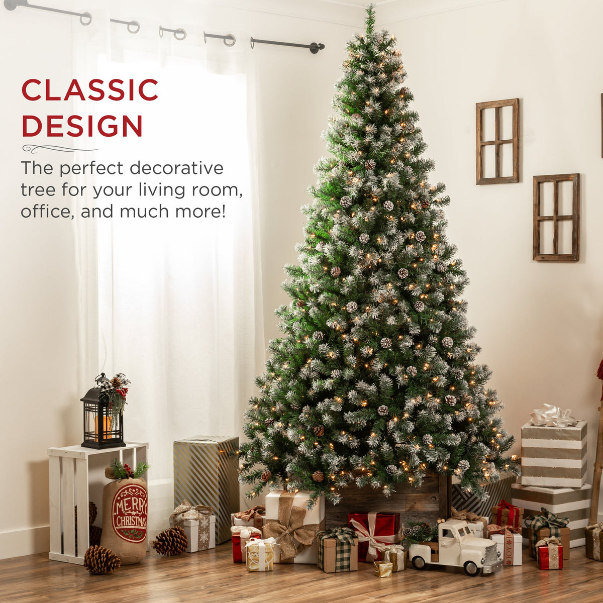 Pre-Decorated Flocked Christmas Tree with Pinecone Branch Tips product image showing its overall design and key.