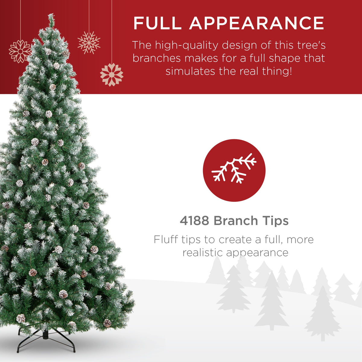 Pre-Decorated Flocked Christmas Tree with Pinecone Branch Tips product image showing its overall design and key.