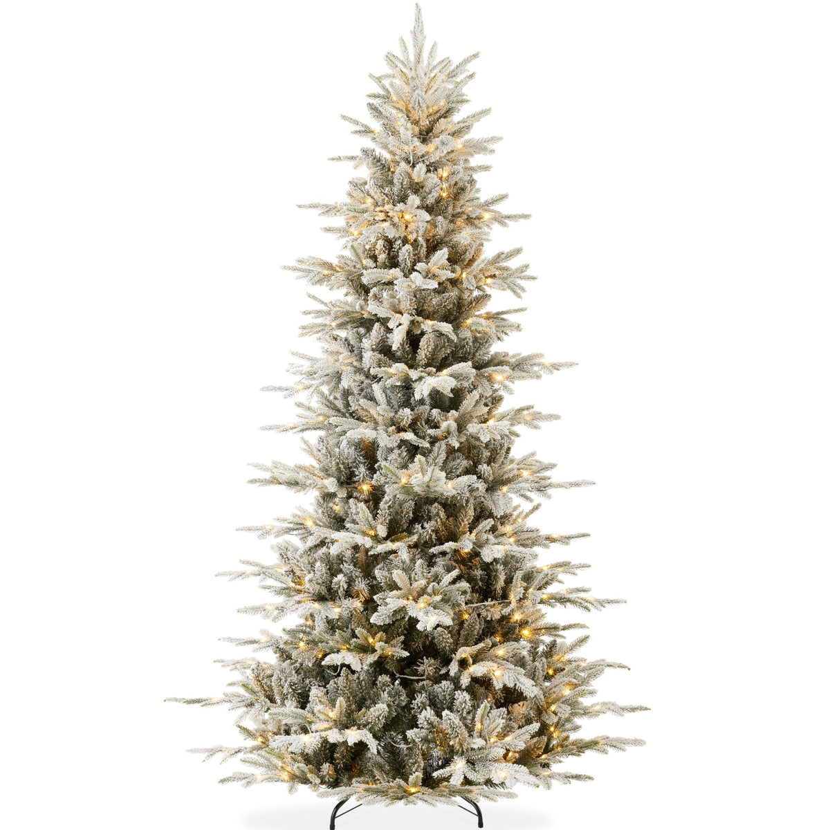 Pre-Lit Flocked Aspen Noble Fir Christmas Tree with Metal Stand product image showing its overall design and key.