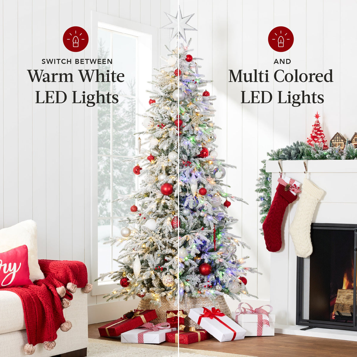 Pre-Lit Flocked Aspen Noble Fir Christmas Tree with Metal Stand product image showing its overall design and key.