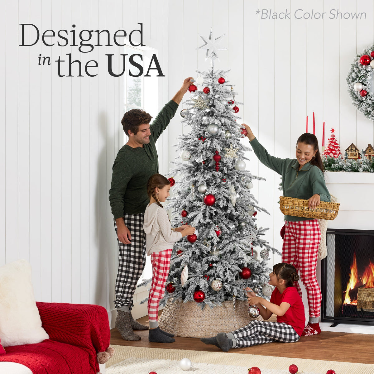 Pre-Lit Flocked Aspen Noble Fir Christmas Tree with Metal Stand product image showing its overall design and key.