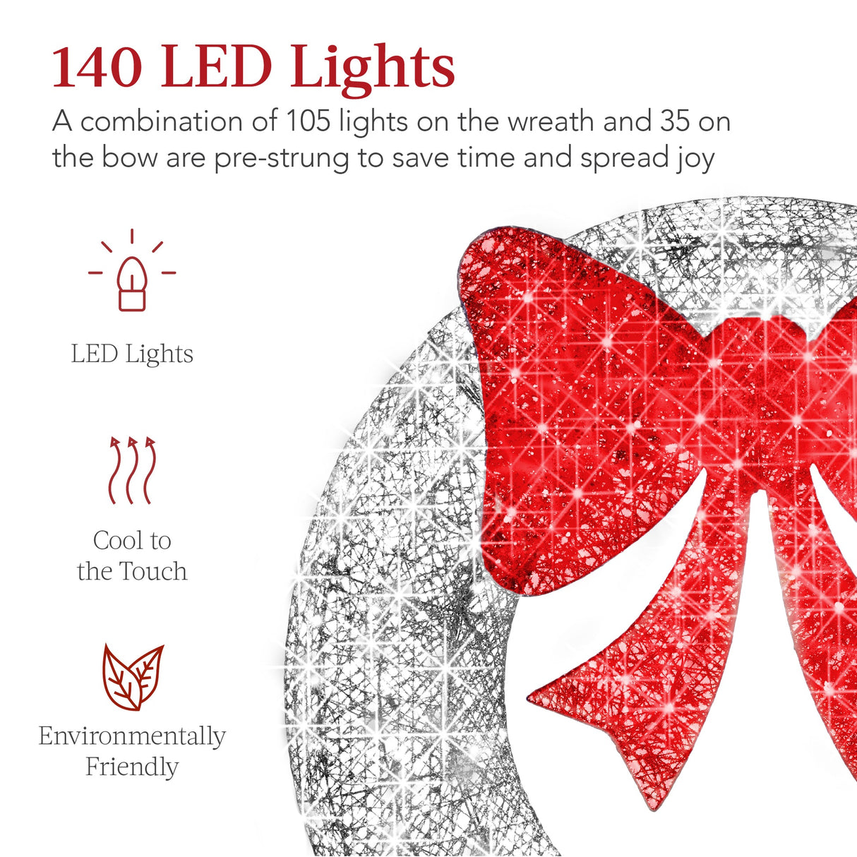 48-Inch Pre-Lit Outdoor Christmas Wreath with LED Lights & Decorative Bow