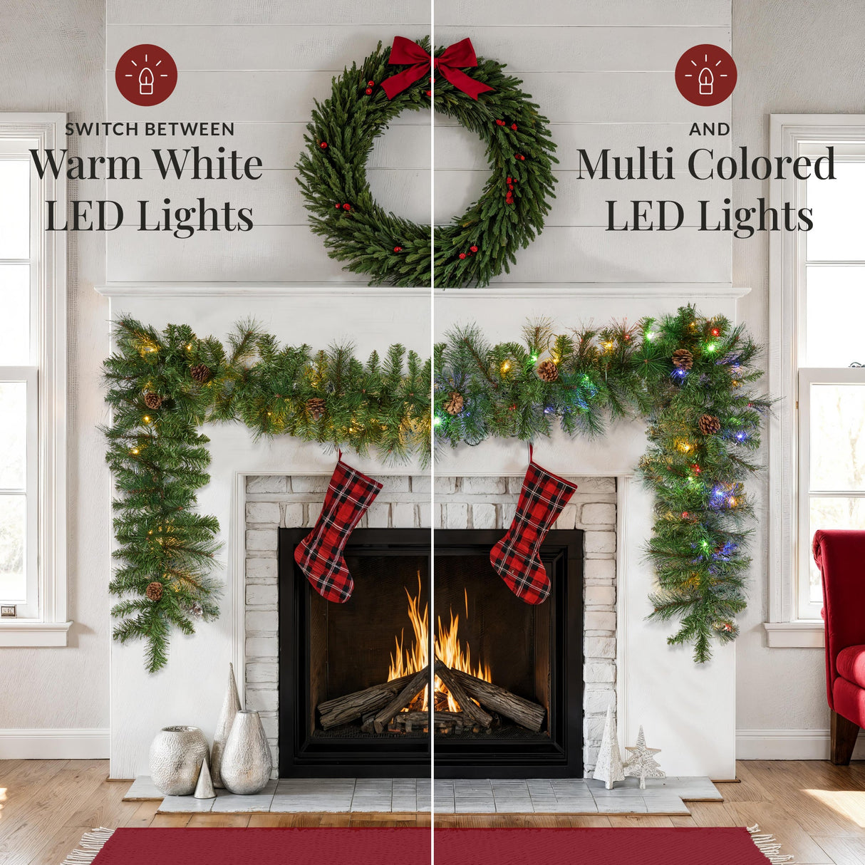 9Ft Pre-Lit Christmas Garland with 2-in-1 LED Lights