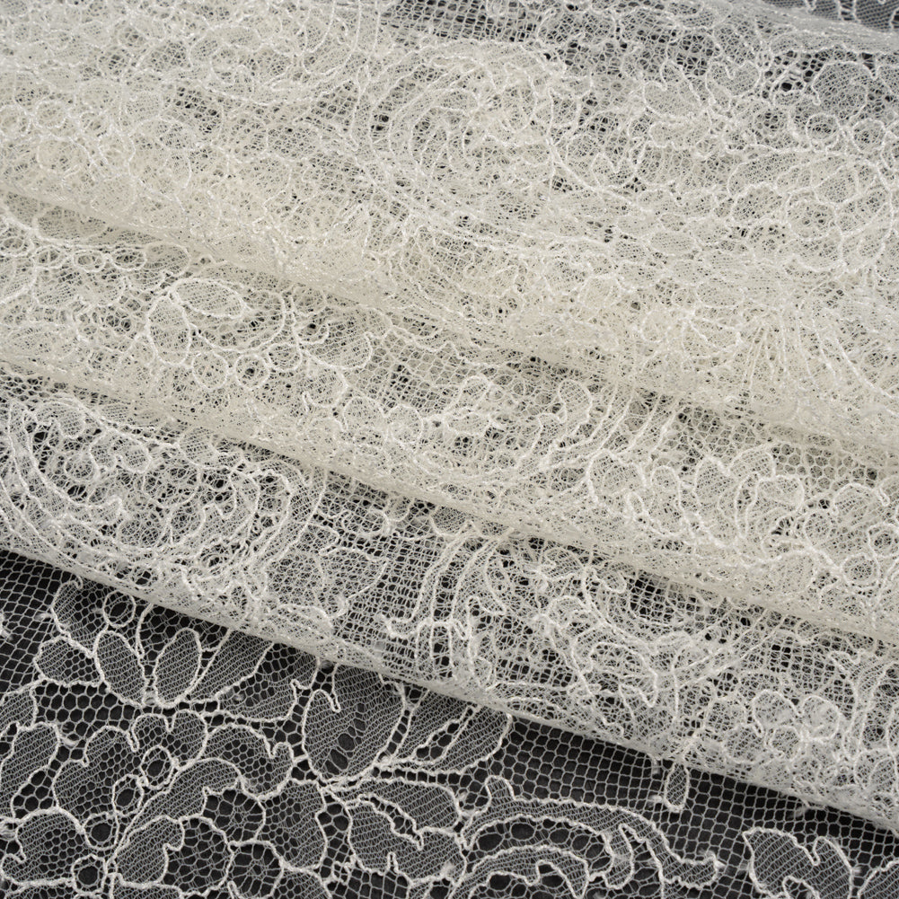 French Chantilly Lace with Scalloped Edges by Solstiss - Ivory Delicate Floral