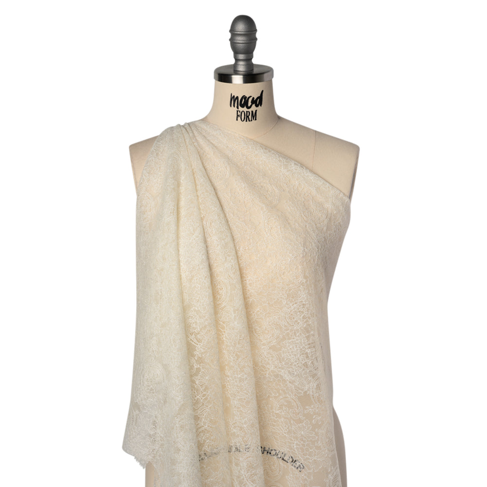 French Chantilly Lace with Scalloped Edges by Solstiss - Ivory Delicate Floral