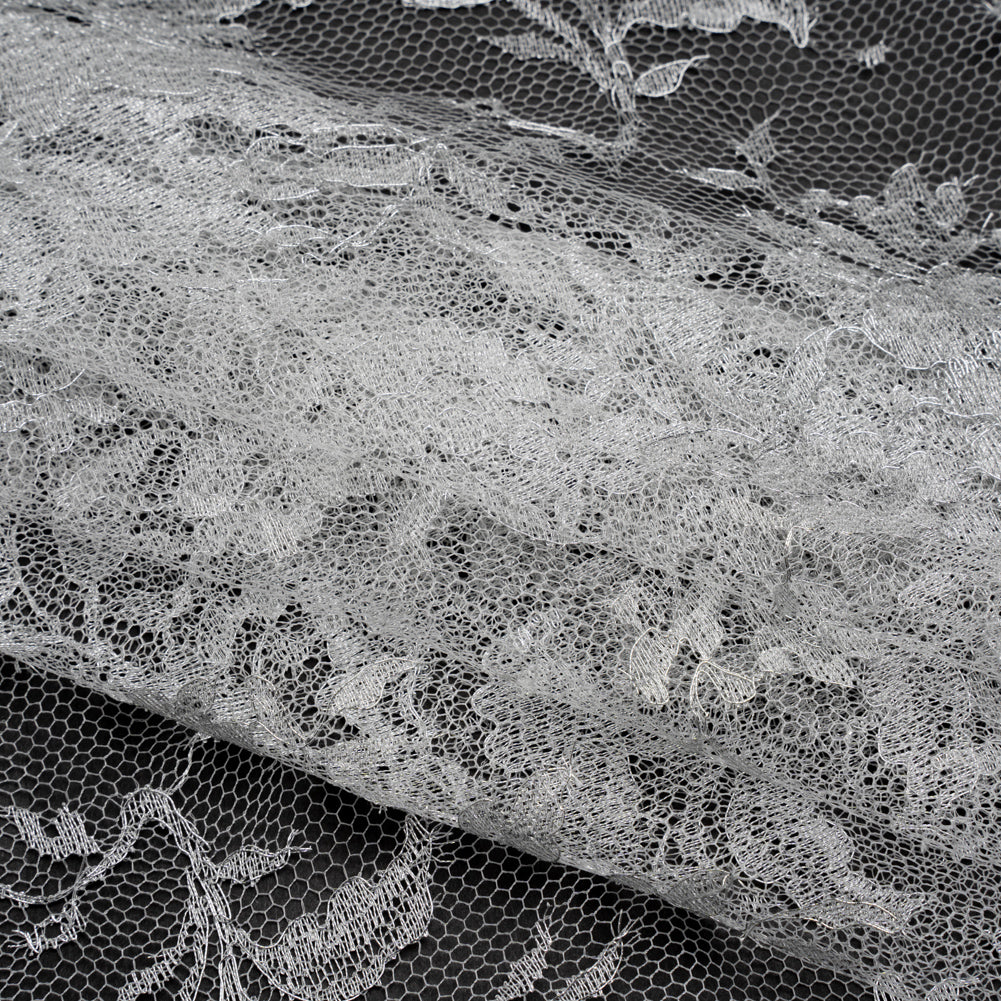 French Metallic Chantilly Lace with Finished Scalloped Edges by Solstiss - Metallic Silver and Greige Flowers